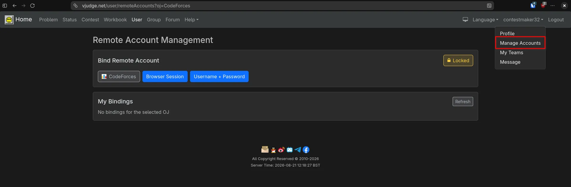 VJudge Account Binding Interface