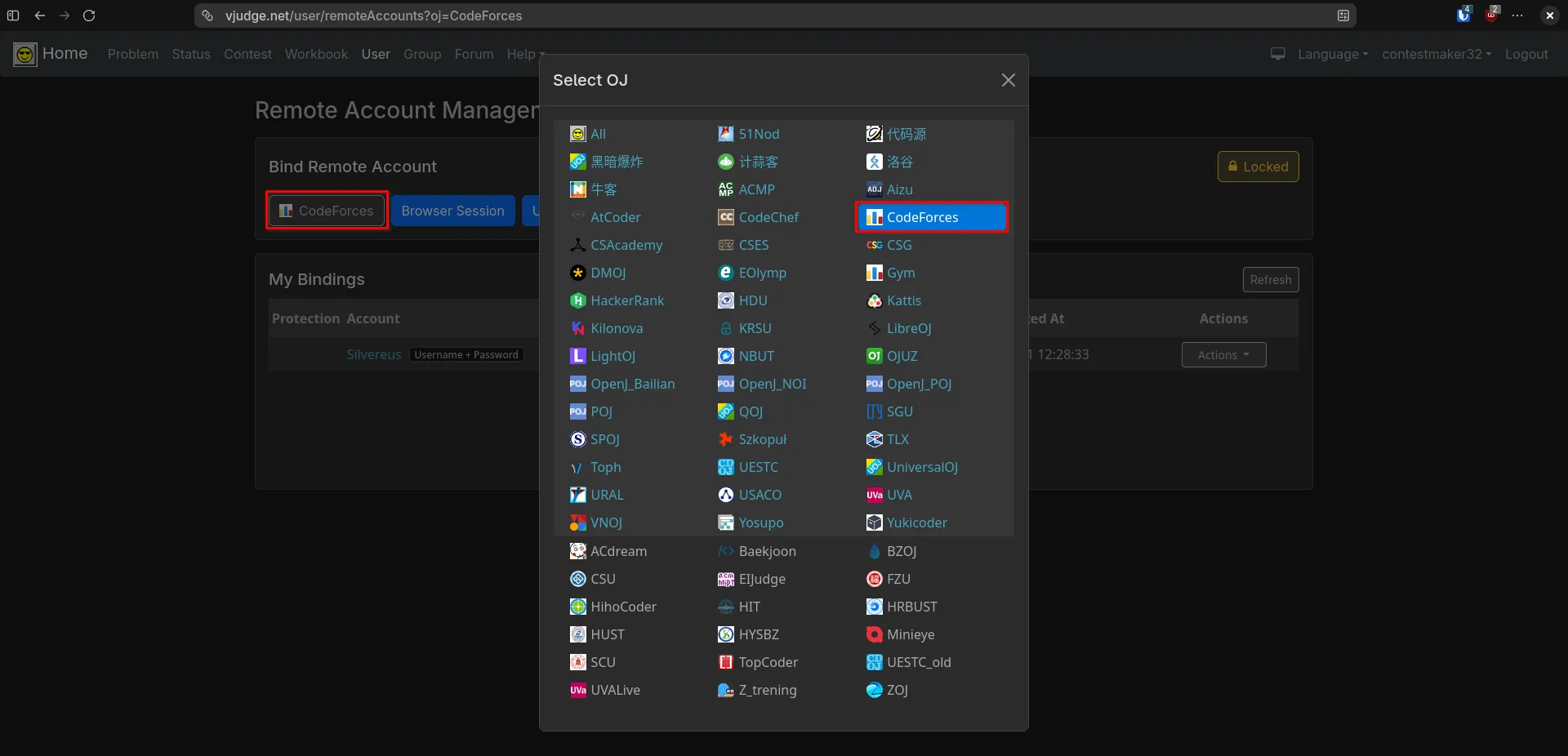 Standard Username and Password Binding in VJudge