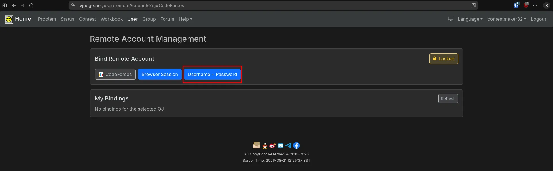 Standard Username and Password Binding in VJudge