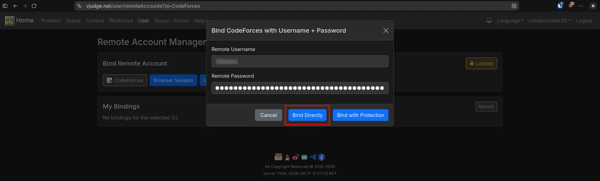 Standard Username and Password Binding in VJudge