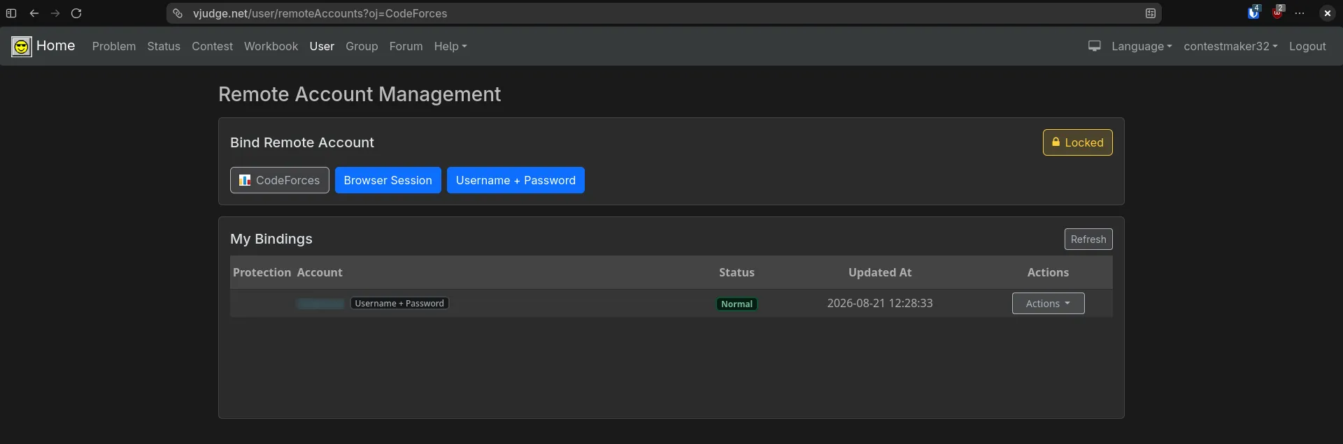 Standard Username and Password Binding in VJudge